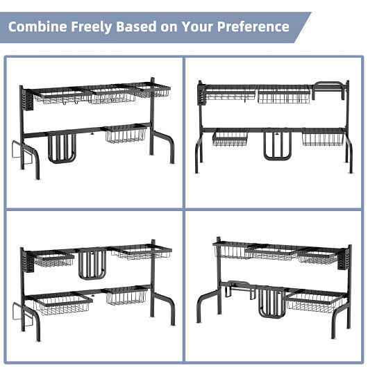 2 Tier Adjustable Over Sink Dish Drying Rack with 8 Hooks-2
