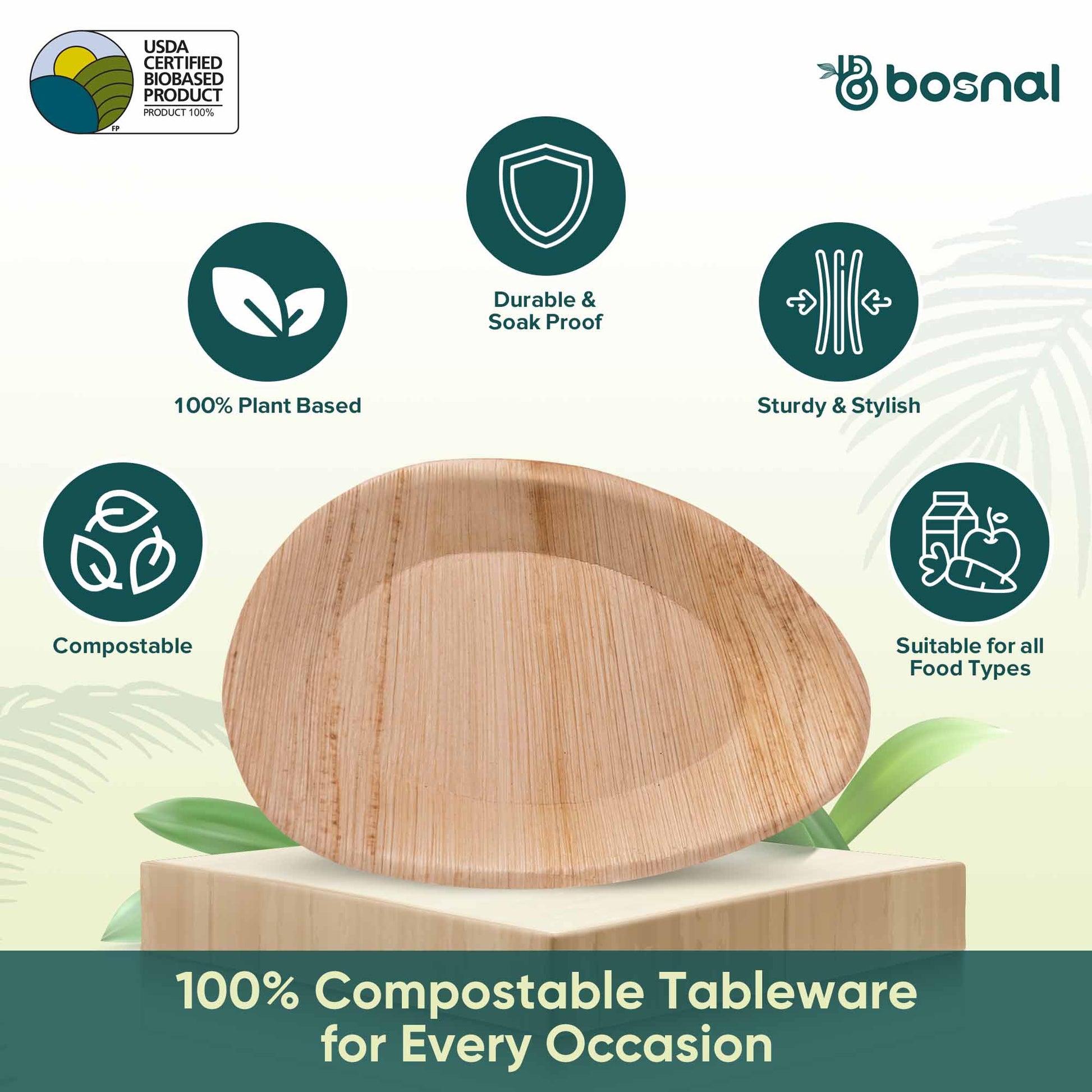 Bosnal - Palm Leaf Biodegradable Plates, 10 inch, Oval-1