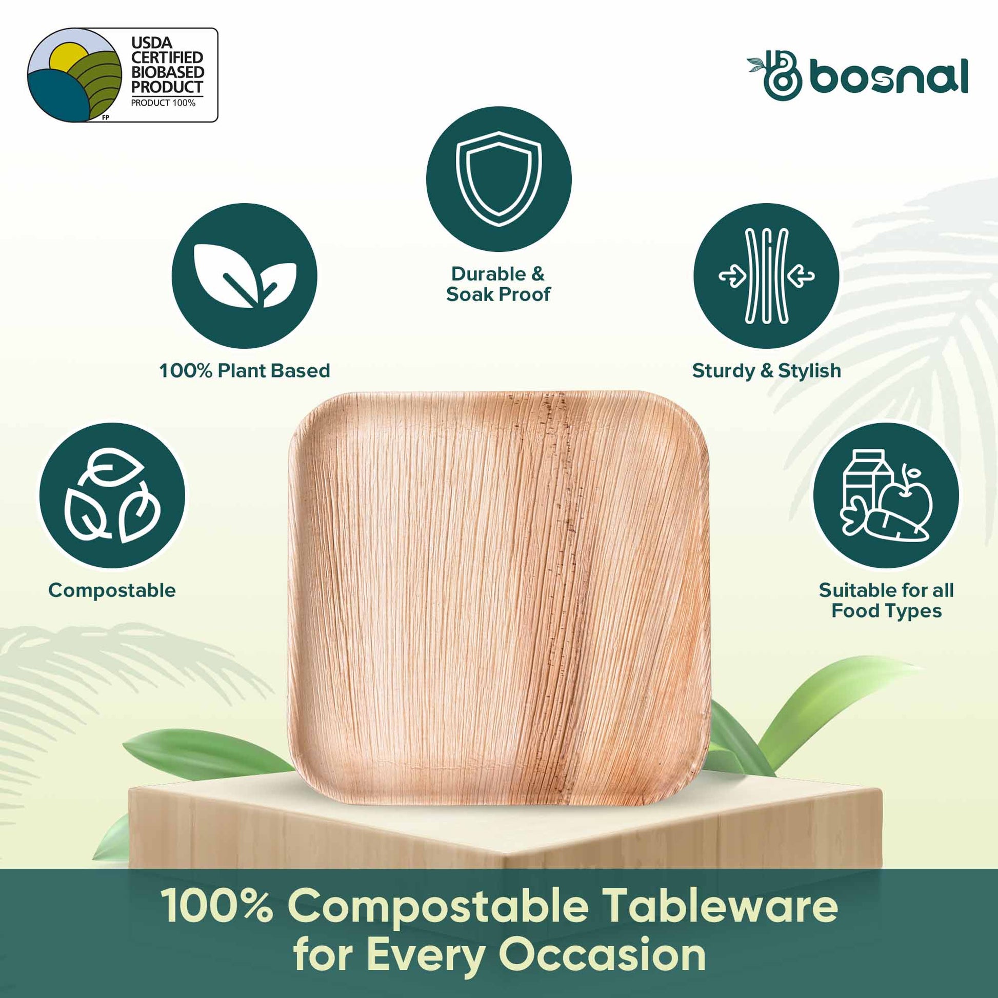 Bosnal - Palm Leaf Biodegradable Plates, 10 inch, Square-1