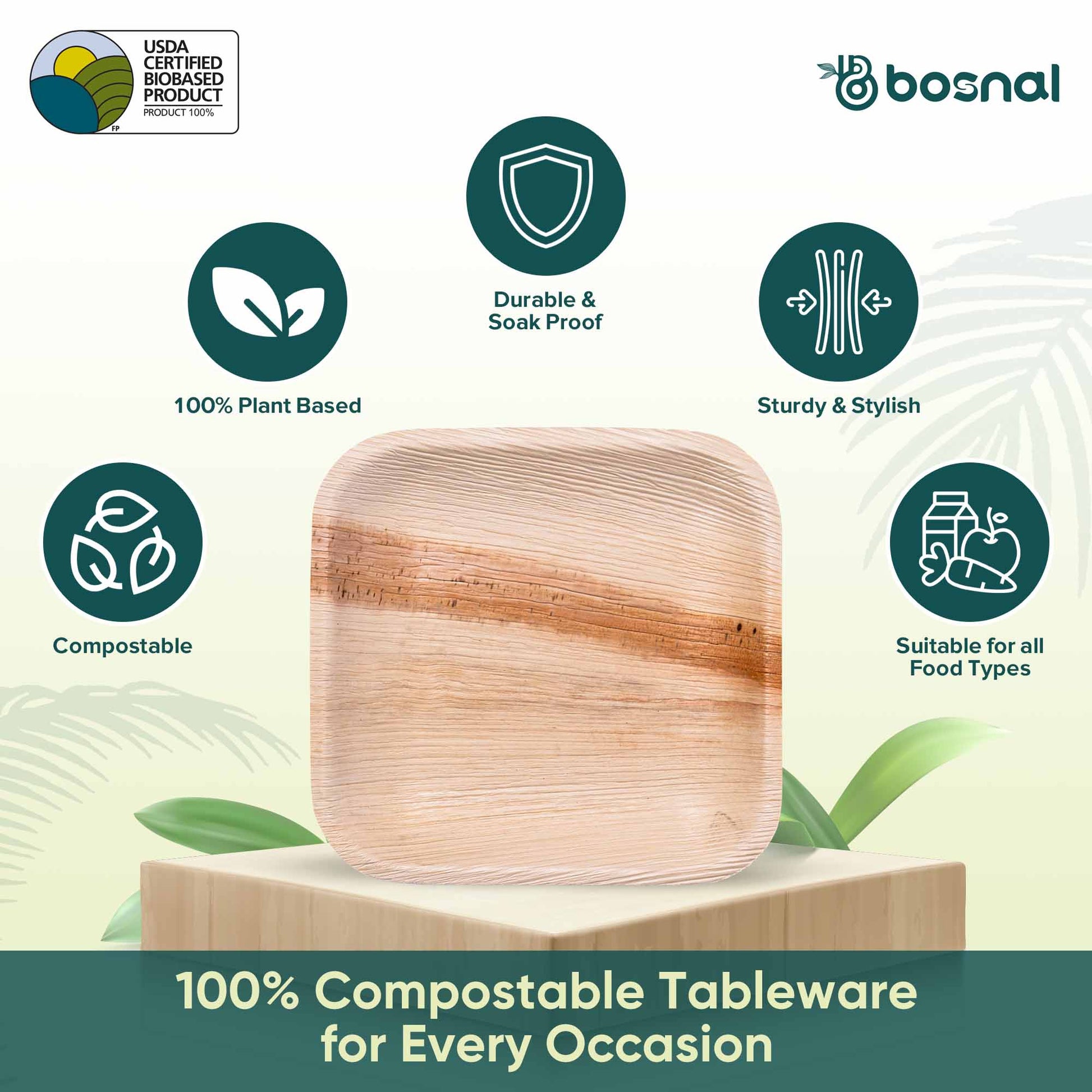 Bosnal - Palm Leaf Biodegradable Plates; 7 inch, Square-1