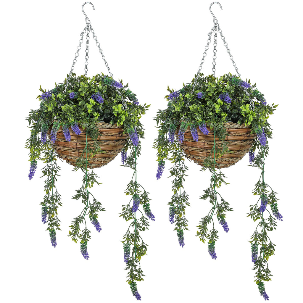 Set of 2 Decorative Artificial Plants, Faux Silk Lavender Flowers in Hanging Baskets, Fake Plants for Home Indoor Outdoor Decor, Purple-0