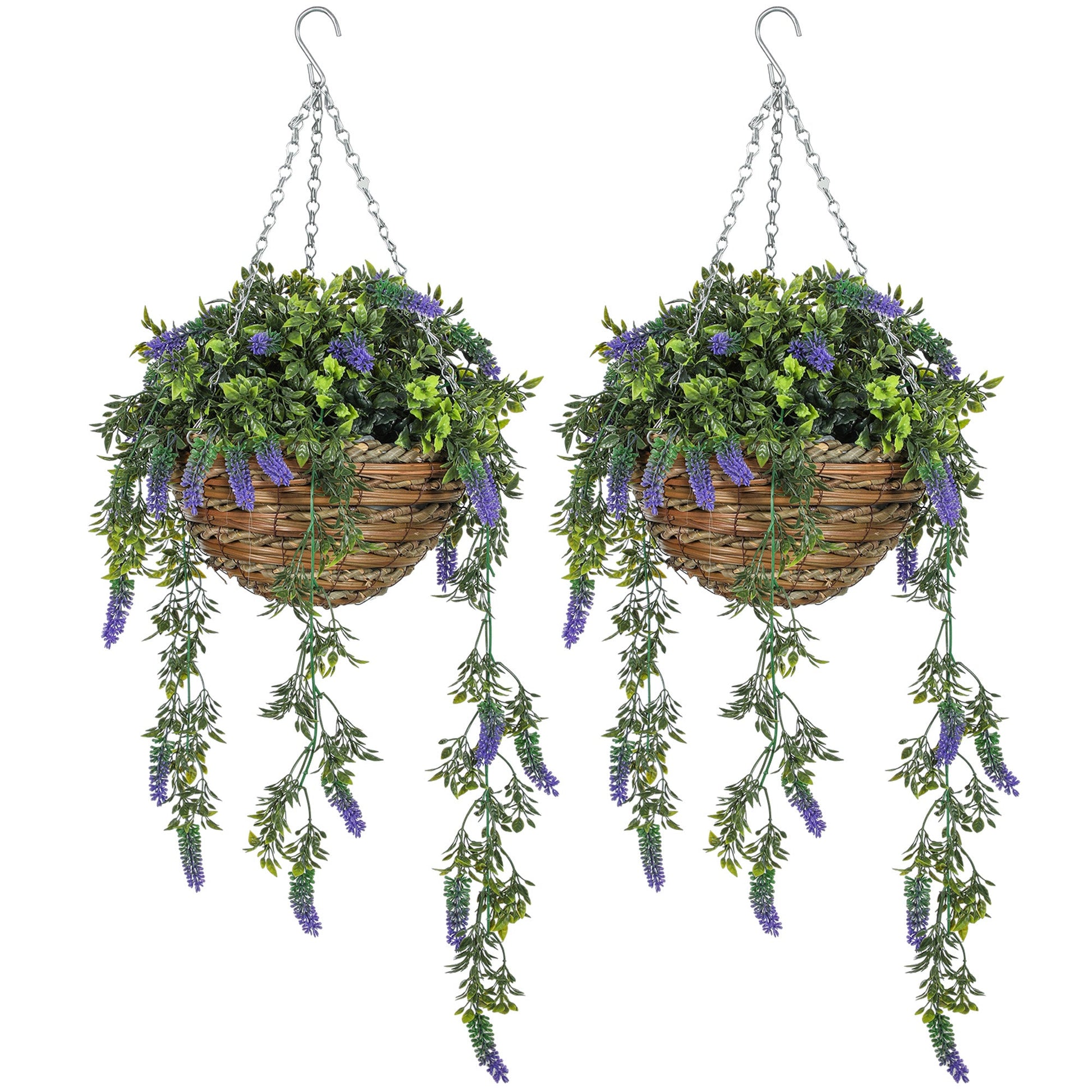 Set of 2 Decorative Artificial Plants, Faux Silk Lavender Flowers in Hanging Baskets, Fake Plants for Home Indoor Outdoor Decor, Purple-0