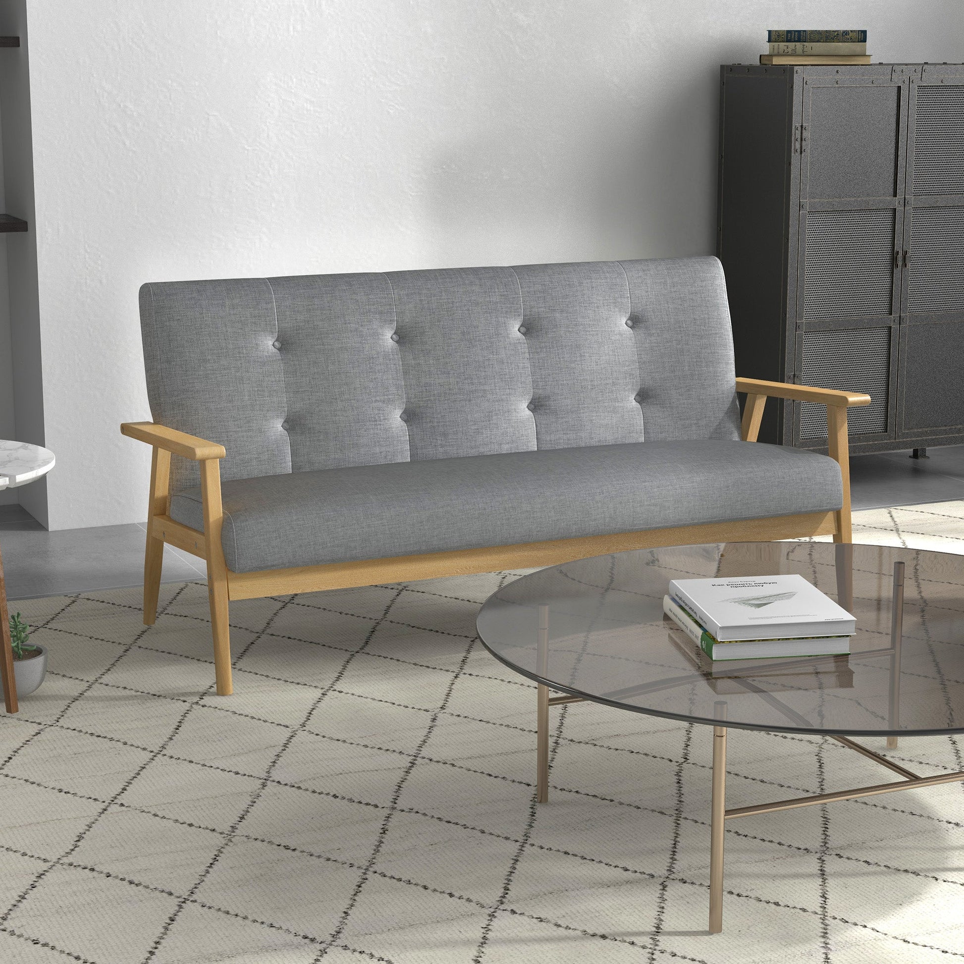 Modern 2-Seat Sofa Linen Fabric Upholstery Tufted Couch with Rubberwood Legs Dark Grey-1
