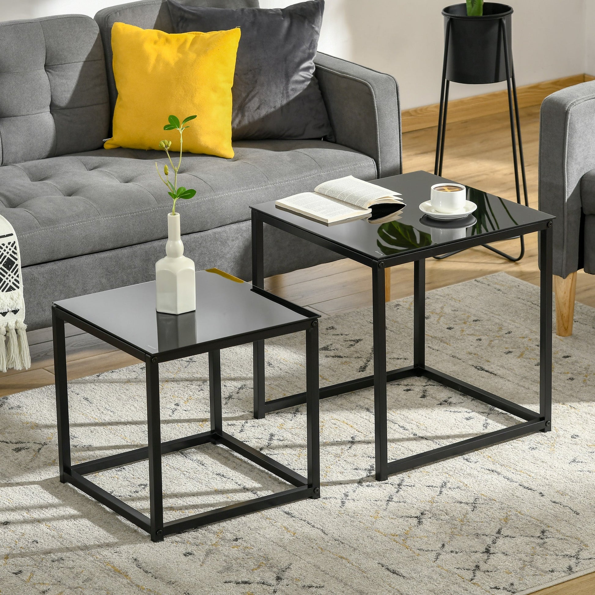 Nest of 2 Side Tables, Set of Modern Bedside Tables with Tempered Glass Desktop for Living Room, Bedroom, Office, Black-1
