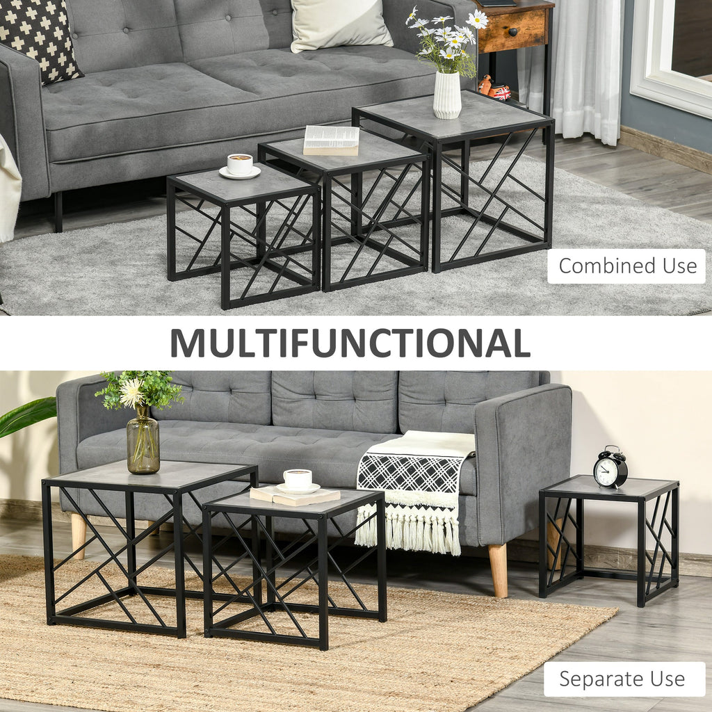 Set of 3 Nest of Tables, Square Side Tables with Black Metal Frame, for Living Room, Bedroom and Office, Grey-3