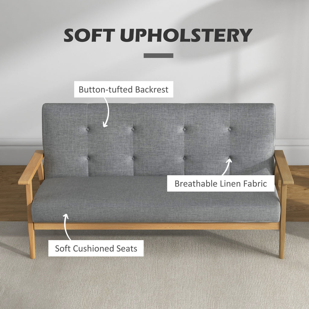 Modern 2-Seat Sofa Linen Fabric Upholstery Tufted Couch with Rubberwood Legs Dark Grey-3