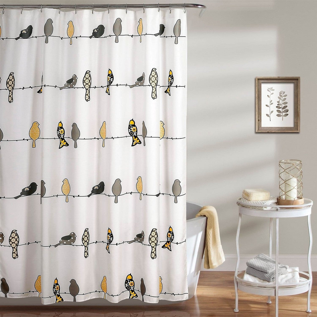 72 x 72 inch Yellow Grey Birds Floral Polyester Machine-Washable Shower Curtain-1