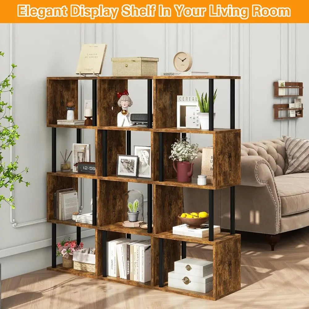 5-Tier Tall Bookshelf,S-Shaped Geometric Bookcase, Wood Display Shelves With Storage,Industrial Bookshelf For Living Room