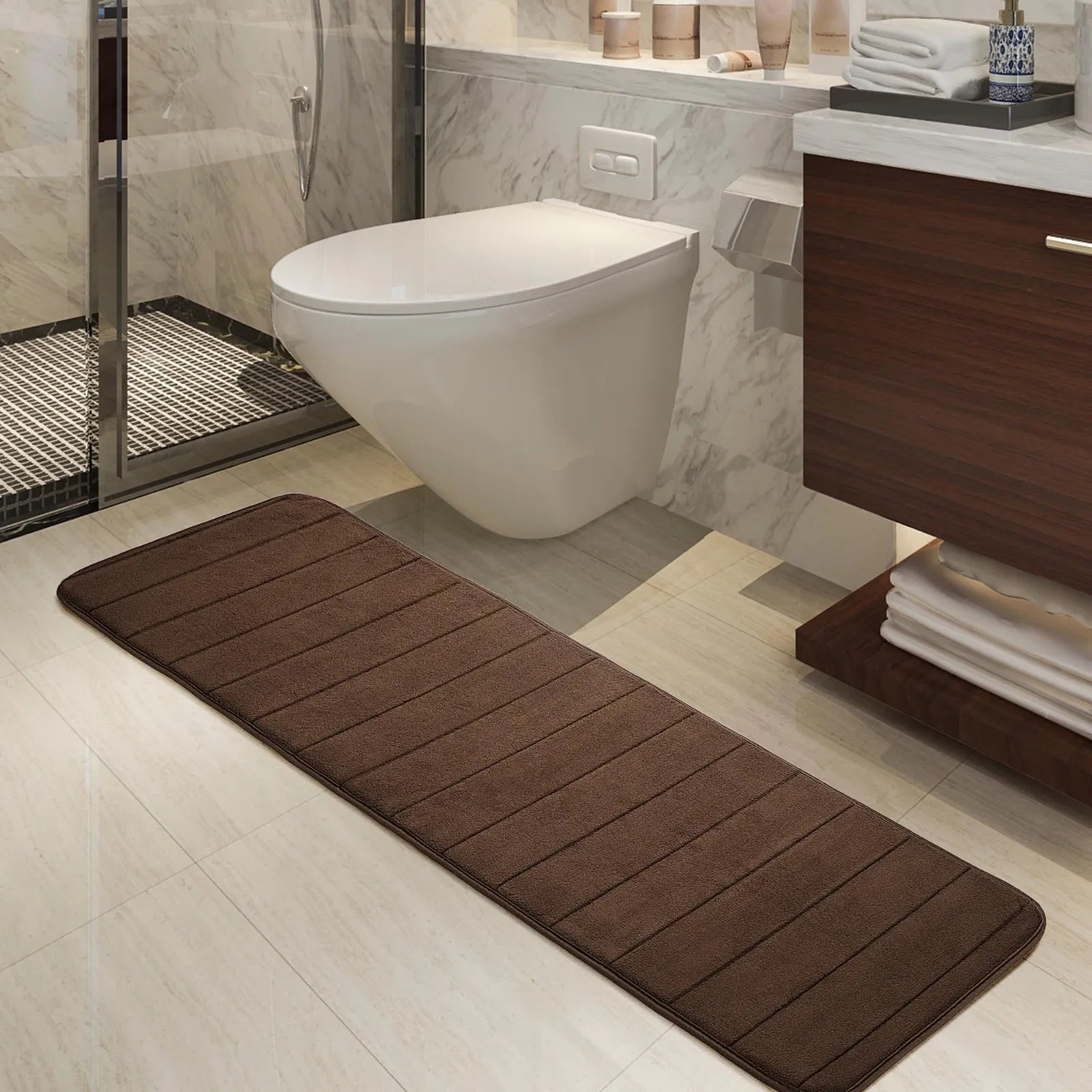 Long Oversized Bathroom Rug Memory Foam Bath Mat in Brown Textured Stripes Extra Long Non-Slip Absorbent Runner for Shower