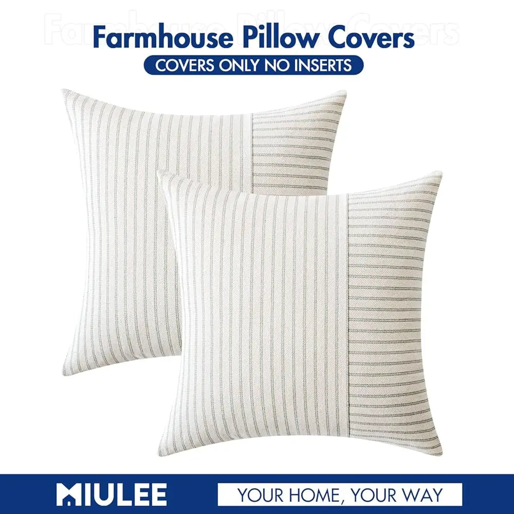 Sage Green And Beige Patchwork Farmhouse Pillow Covers 24X24 H, Pa Of 2 Striped Linen Spring Decorative Modern Accent Pillow