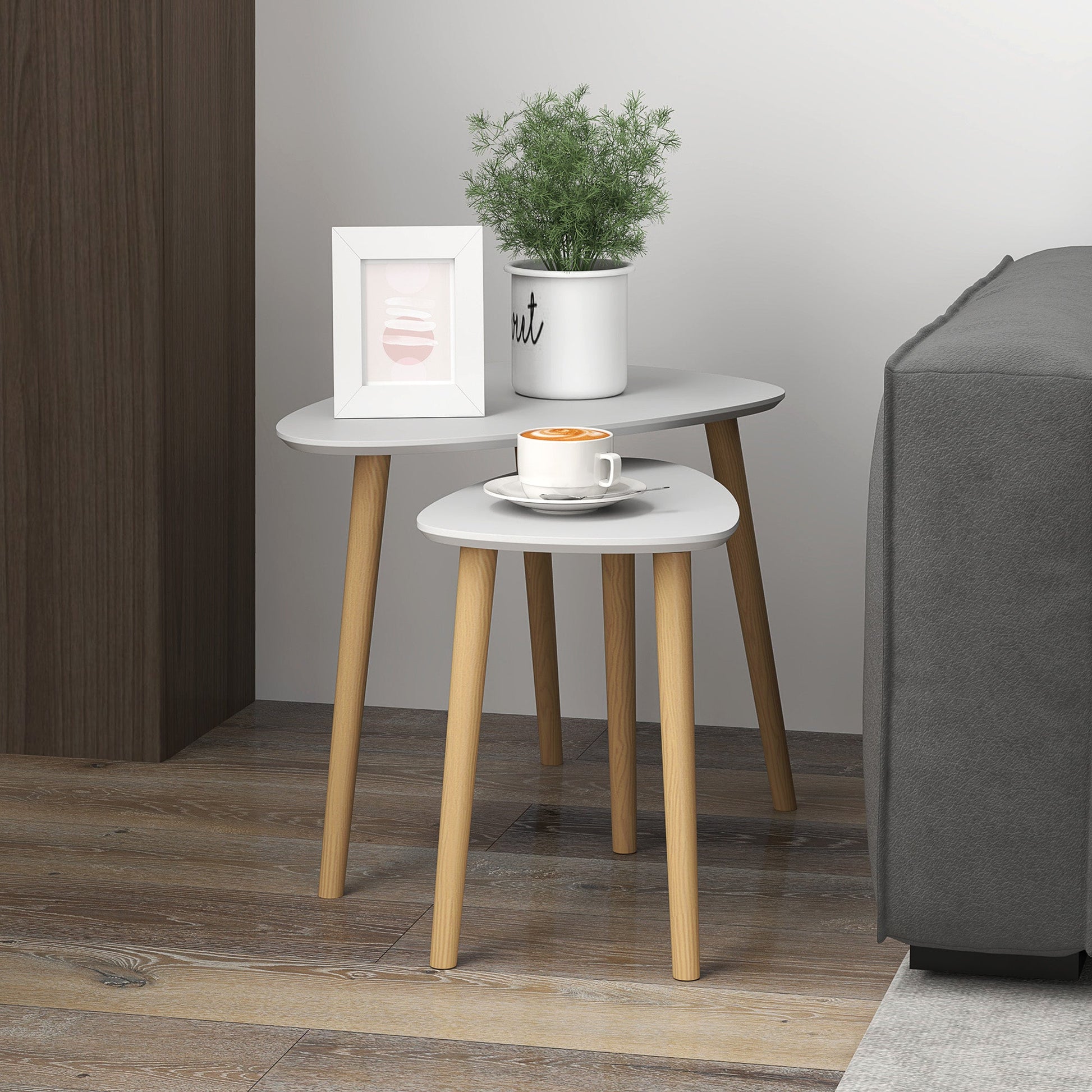 Nesting Coffee Table, Set of 2 Side Tables, Stacking End Tables with Solid Wood Legs, for Living Room Bedroom, Light Grey-1