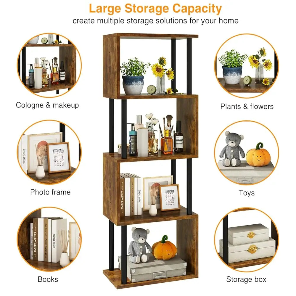 5-Tier Tall Bookshelf,S-Shaped Geometric Bookcase, Wood Display Shelves With Storage,Industrial Bookshelf For Living Room