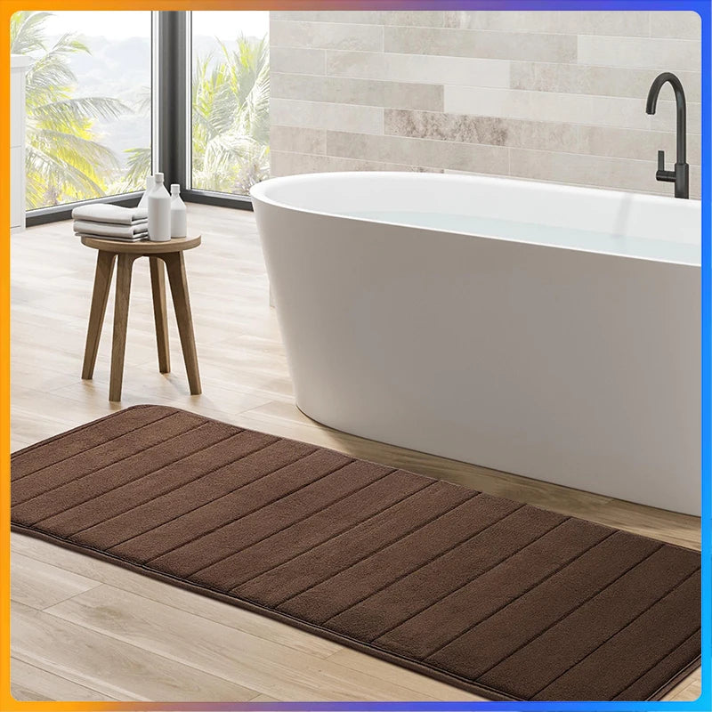 Long Oversized Bathroom Rug Memory Foam Bath Mat in Brown Textured Stripes Extra Long Non-Slip Absorbent Runner for Shower