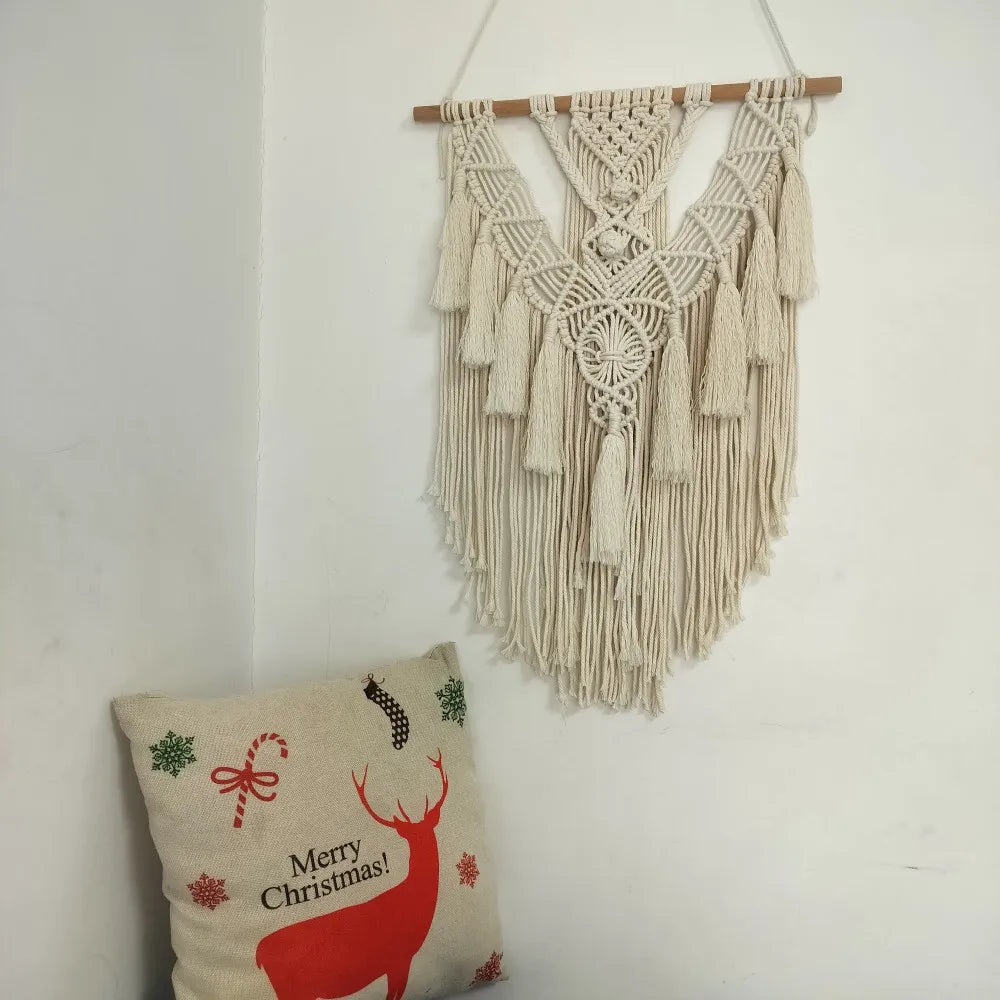 Boho Wall Hanging Tapestry Hand Woven Macrame Tapestries Beige Geometric Art Decor Nordic Farmhouse Nursery Living Room Crafts