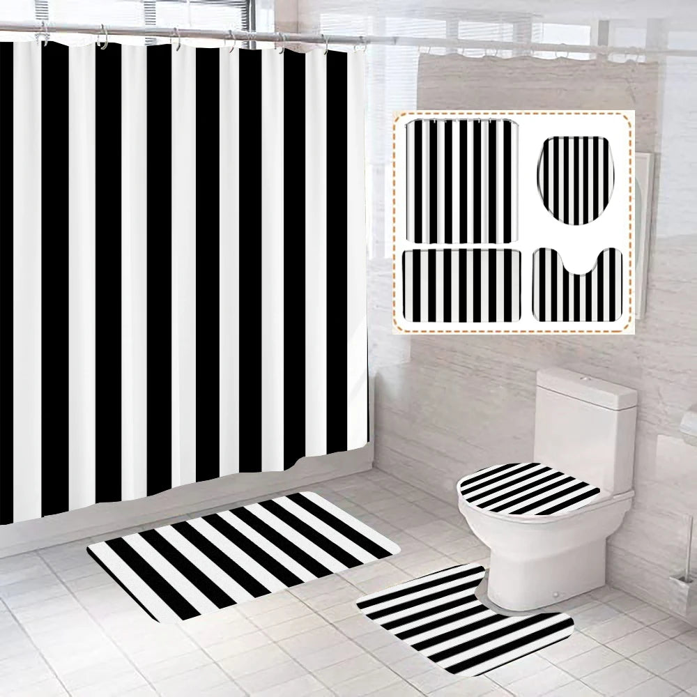 Gray Geometric Pattern Shower Curtain Sets Black and white Striped Toilet Lid Cover Bath Mat Non-Slip Rugs Modern Bathroom Decor