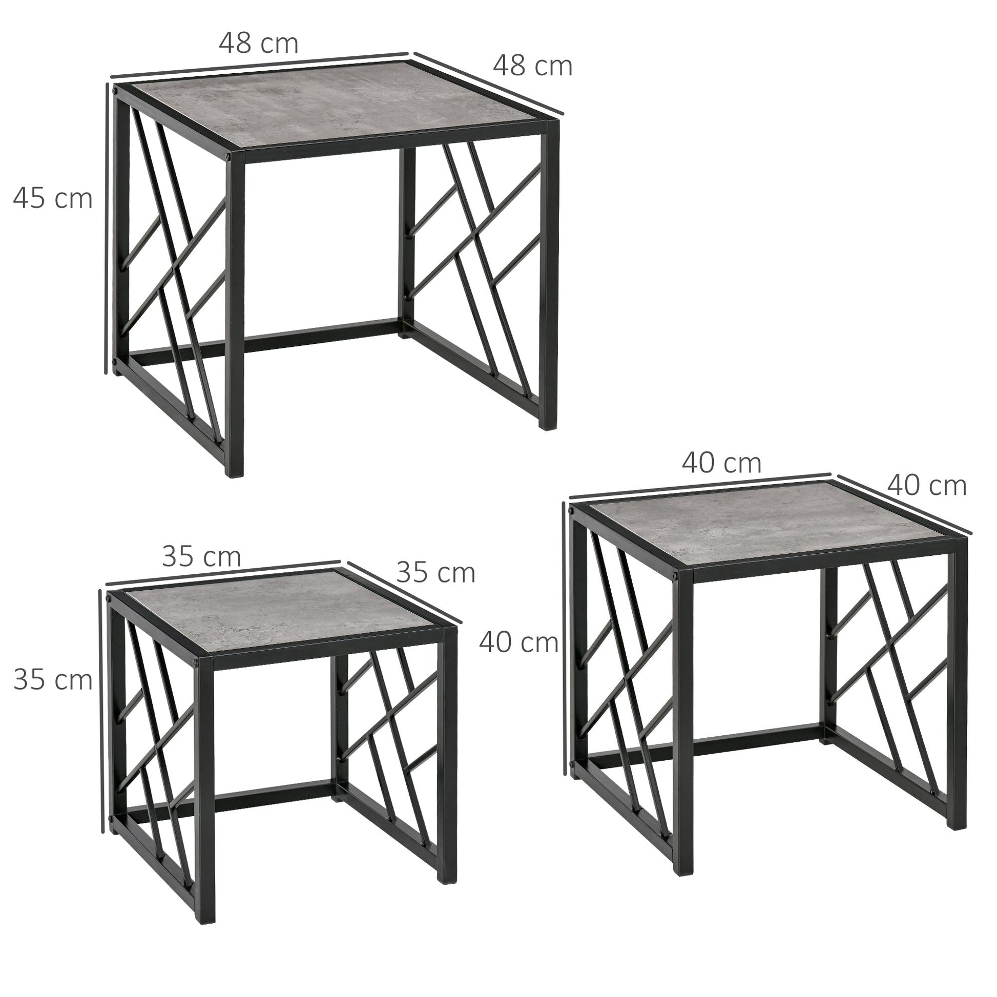 Set of 3 Nest of Tables, Square Side Tables with Black Metal Frame, for Living Room, Bedroom and Office, Grey-2