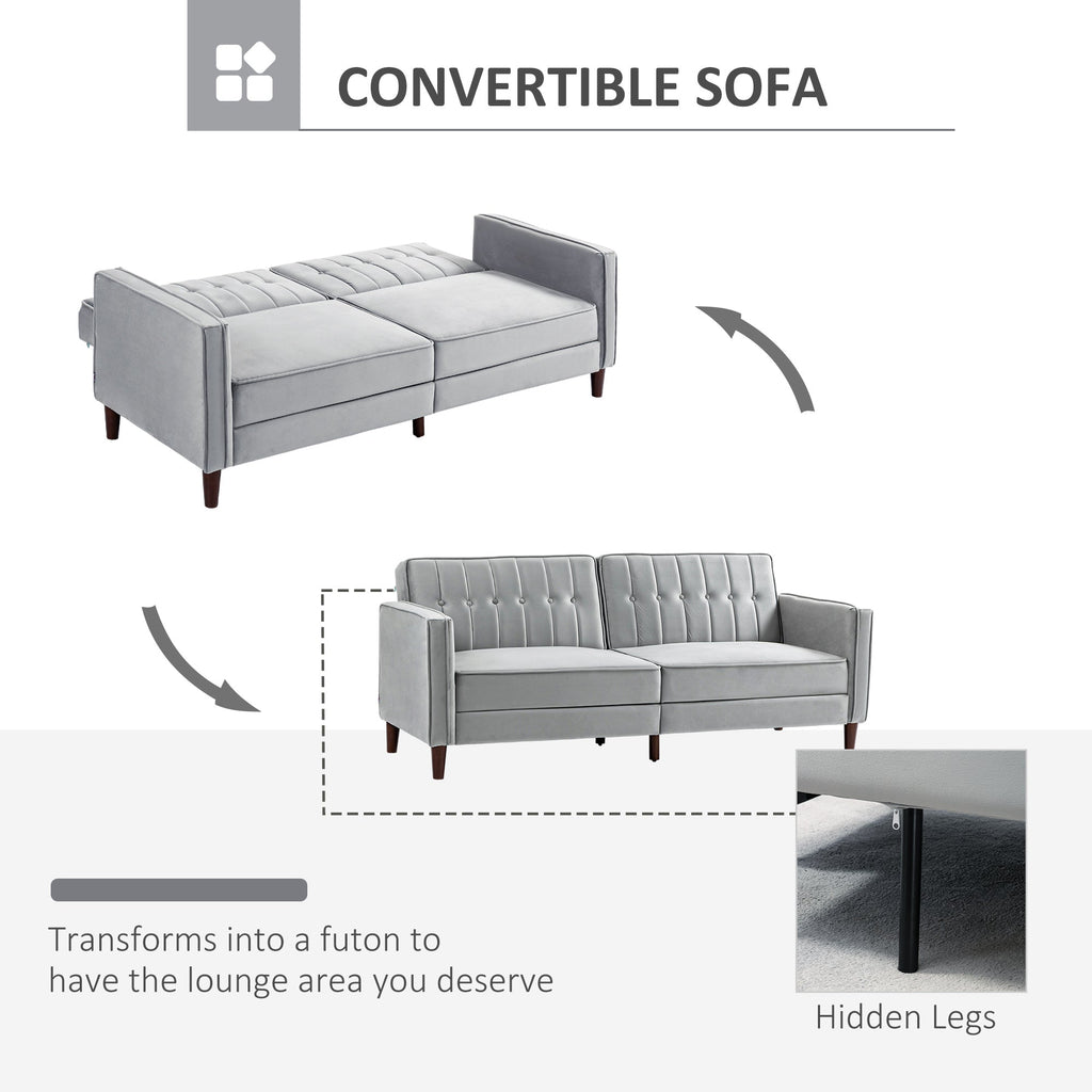 Modern Convertible Sofa Futon Velvet-Touch Tufted Couch Compact Loveseat with Adjustable Split Back, Light Grey-3
