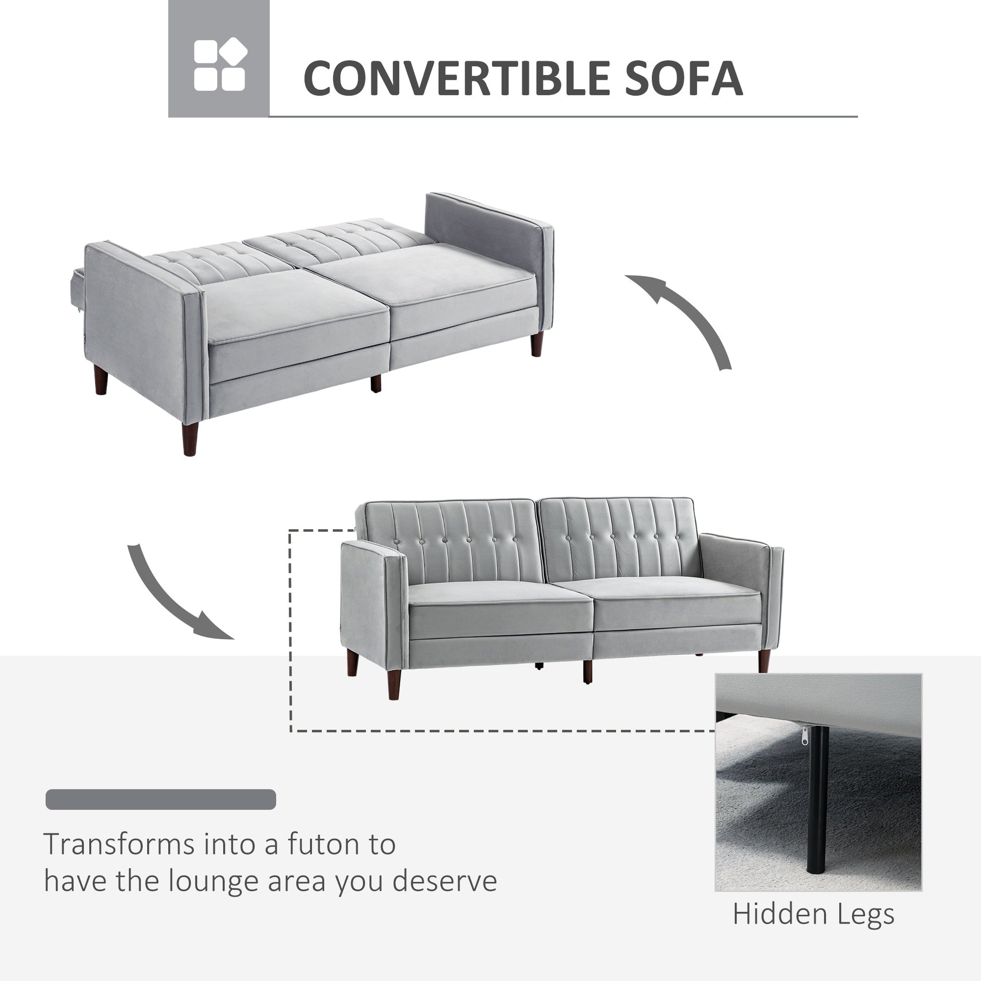 Modern Convertible Sofa Futon Velvet-Touch Tufted Couch Compact Loveseat with Adjustable Split Back, Light Grey-3
