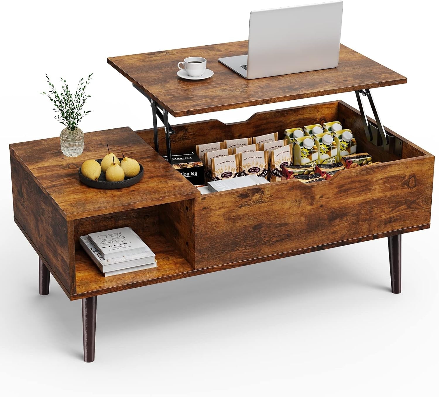 Coffee Table, Lift Top Coffee Tables for Living Room, Small Rising Wooden Dining Center Tables with Storage Shelf and Hidden Compartment, Brown-0