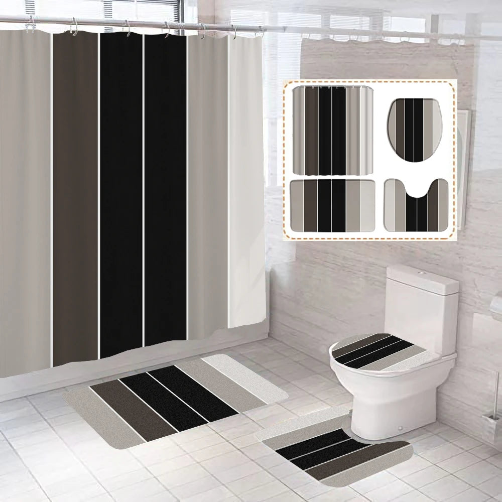 Gray Geometric Pattern Shower Curtain Sets Black and white Striped Toilet Lid Cover Bath Mat Non-Slip Rugs Modern Bathroom Decor