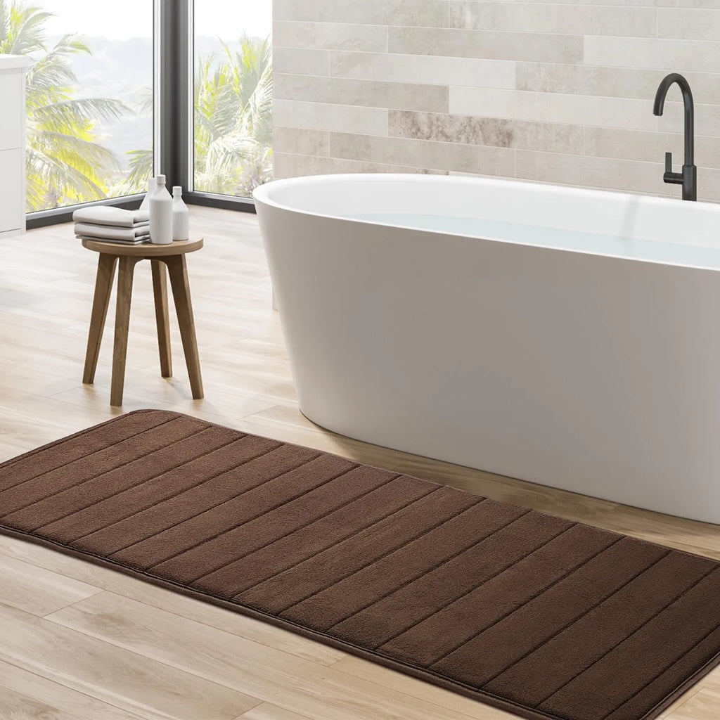 Long Oversized Bathroom Rug Memory Foam Bath Mat in Brown Textured Stripes Extra Long Non-Slip Absorbent Runner for Shower