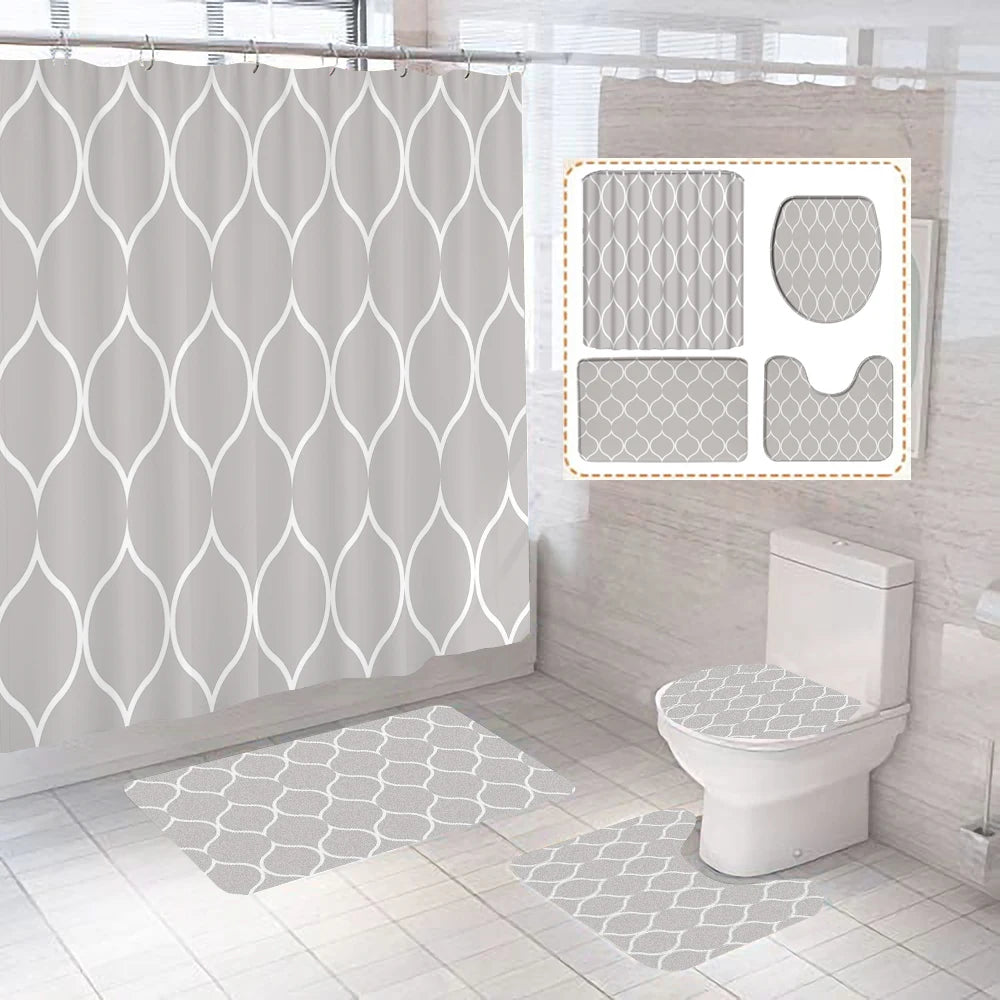 Gray Geometric Pattern Shower Curtain Sets Black and white Striped Toilet Lid Cover Bath Mat Non-Slip Rugs Modern Bathroom Decor