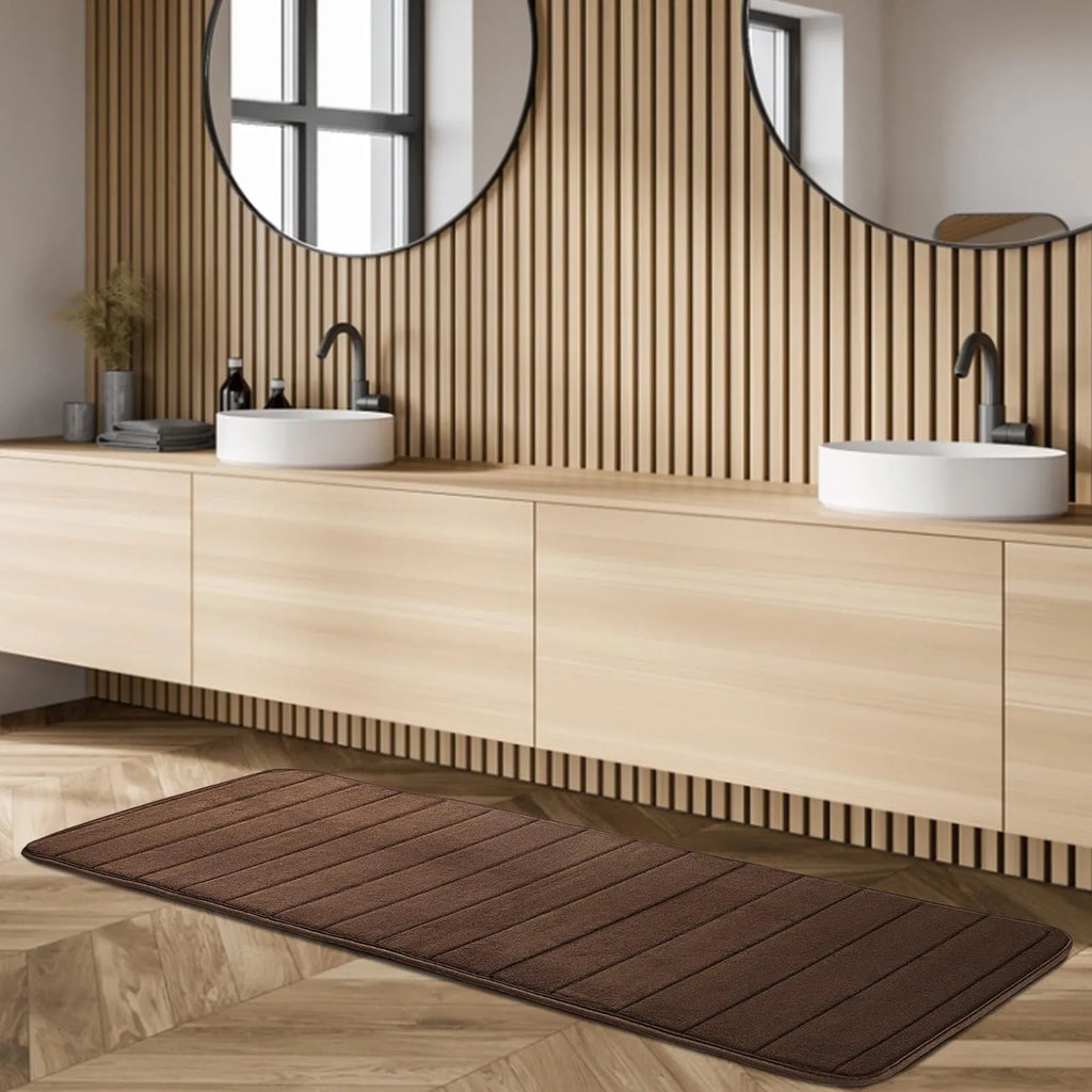 Long Oversized Bathroom Rug Memory Foam Bath Mat in Brown Textured Stripes Extra Long Non-Slip Absorbent Runner for Shower