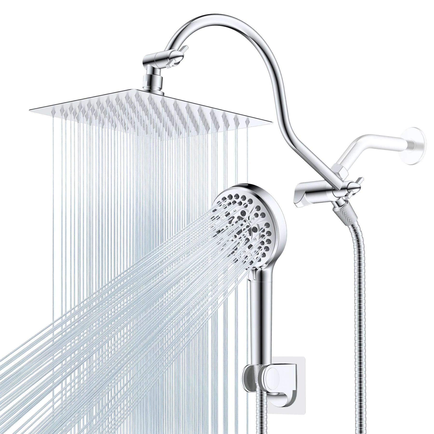 All Metal Shower Head, 8'' High Pressure Rainfall Shower Head, Handheld Showerhead Combo with 12'' Adjustable Extension Arm