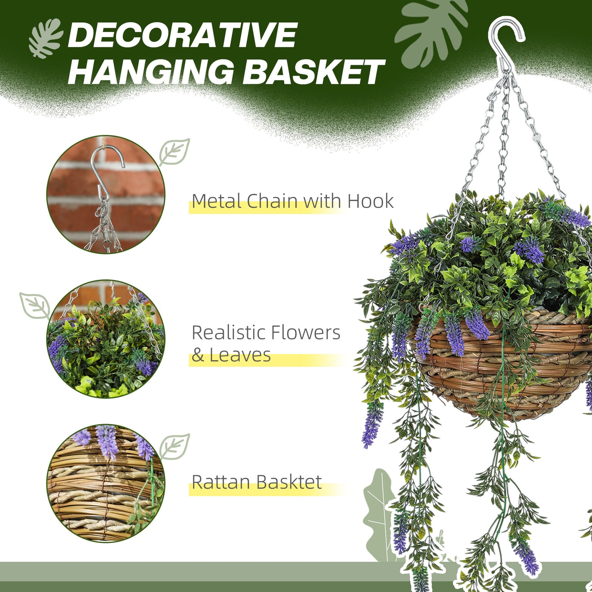 Set of 2 Decorative Artificial Plants, Faux Silk Lavender Flowers in Hanging Baskets, Fake Plants for Home Indoor Outdoor Decor, Purple-3