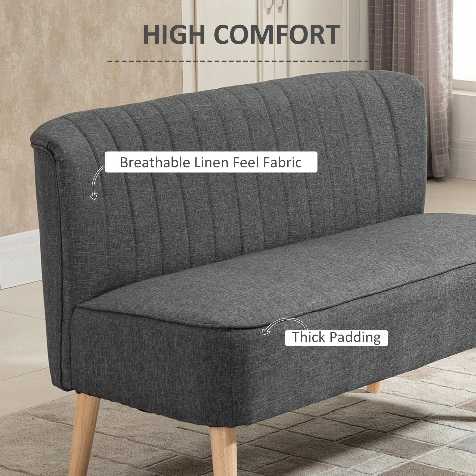 Modern Double Seat Sofa Loveseat Couch 2 Seater Compact Sofa Padded Linen Wood Leg Grey-3
