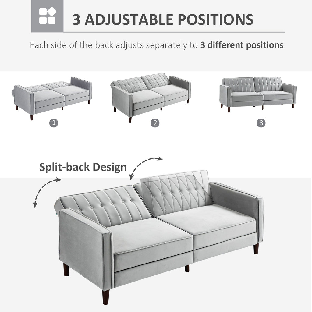 Modern Convertible Sofa Futon Velvet-Touch Tufted Couch Compact Loveseat with Adjustable Split Back, Light Grey-4