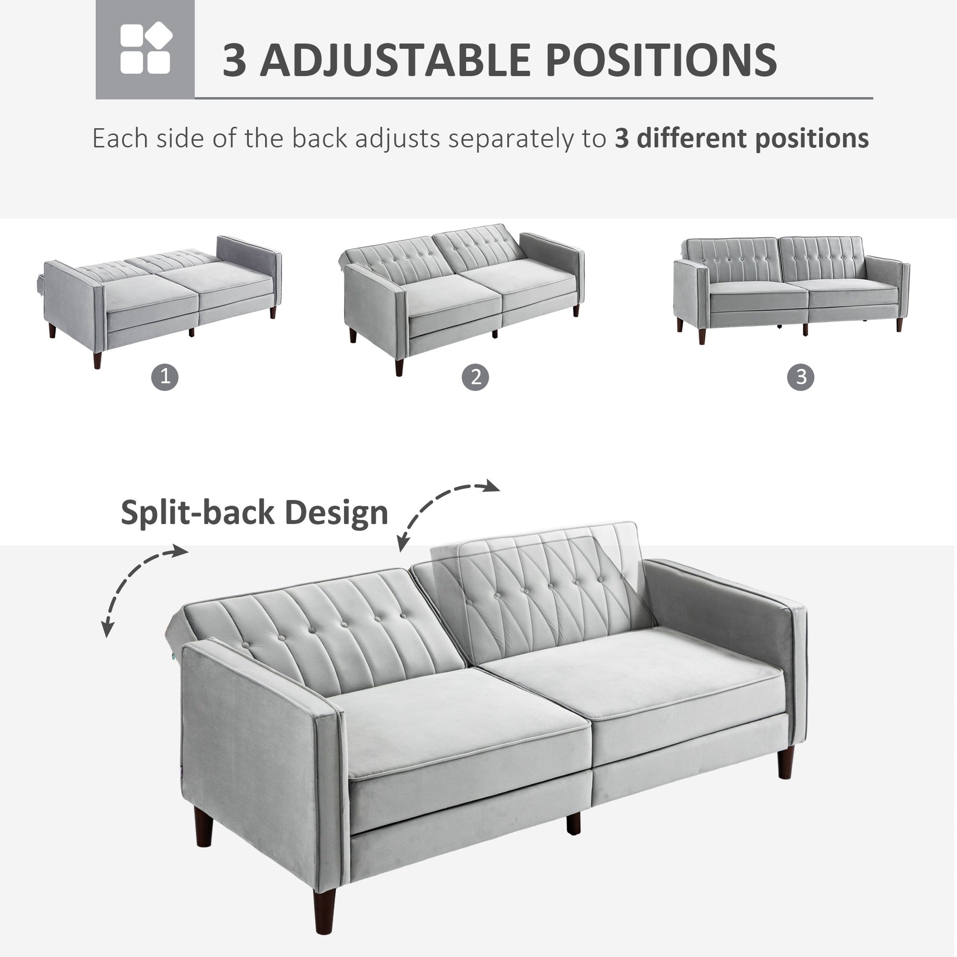 Modern Convertible Sofa Futon Velvet-Touch Tufted Couch Compact Loveseat with Adjustable Split Back, Light Grey-4