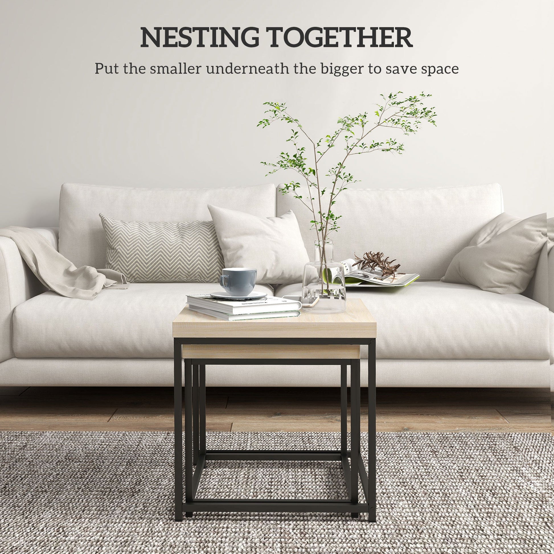 Coffee Table Set of 2, Nest of Tables with 3.5cm Thick Tabletop, Oak-3