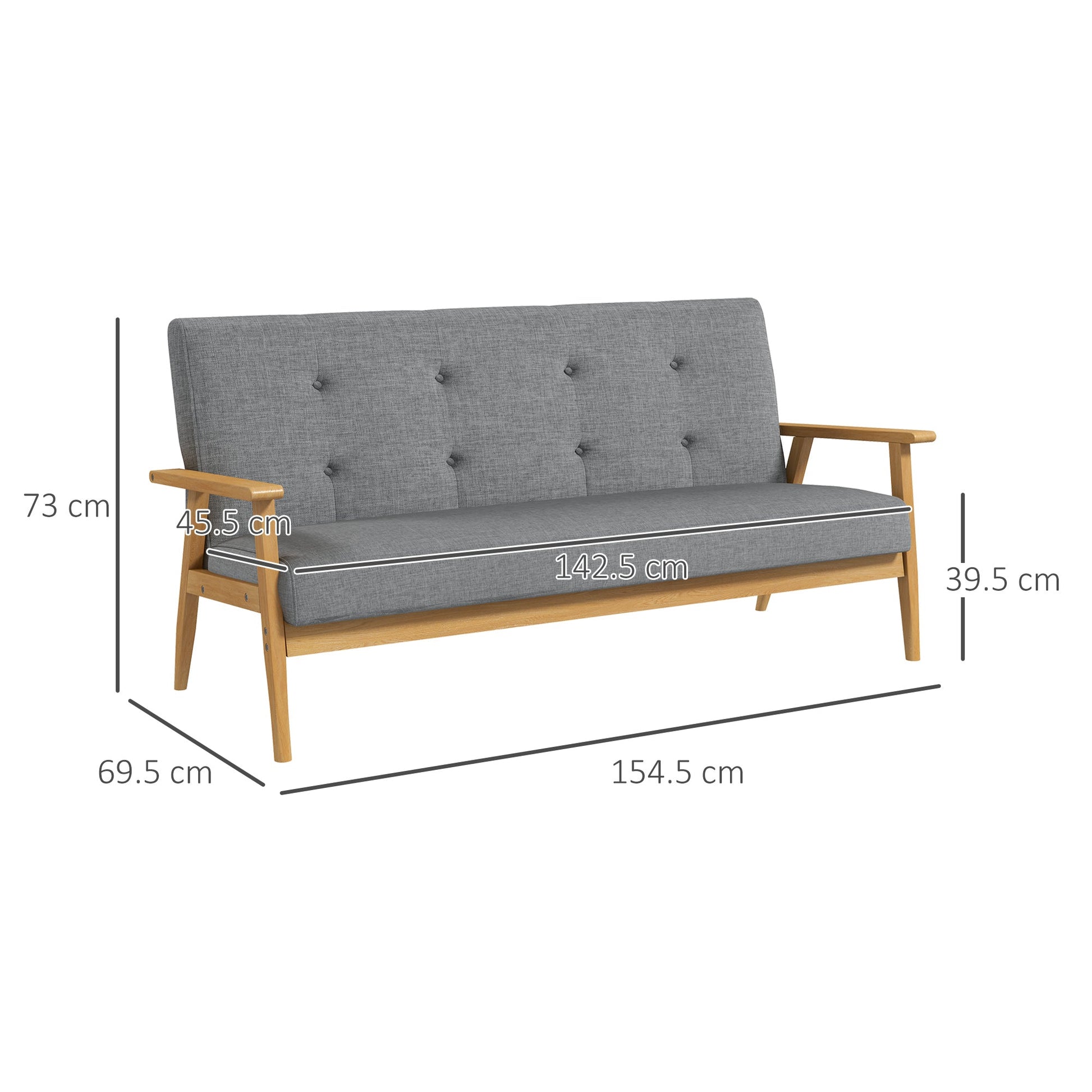 Modern 2-Seat Sofa Linen Fabric Upholstery Tufted Couch with Rubberwood Legs Dark Grey-2