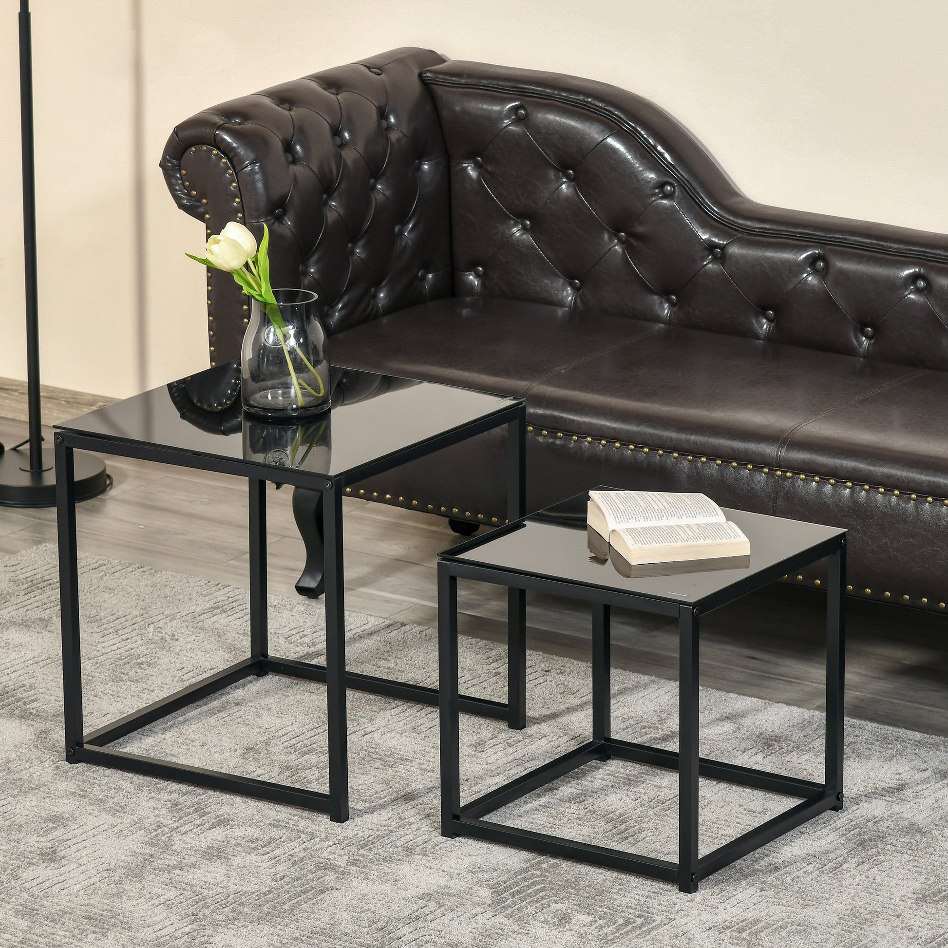 Nest of 2 Side Tables, Set of Modern Bedside Tables with Tempered Glass Desktop for Living Room, Bedroom, Office, Black-3