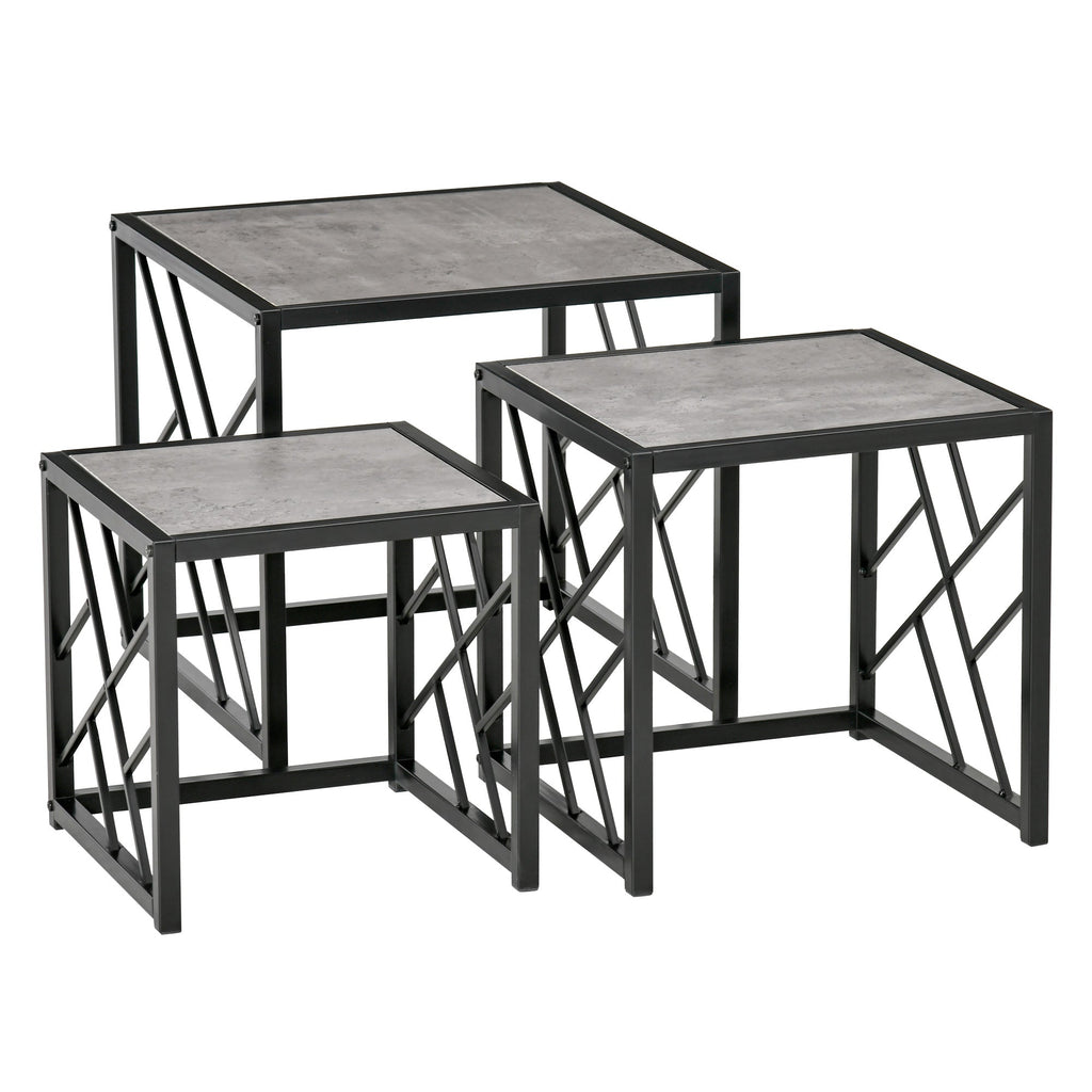 Set of 3 Nest of Tables, Square Side Tables with Black Metal Frame, for Living Room, Bedroom and Office, Grey-0