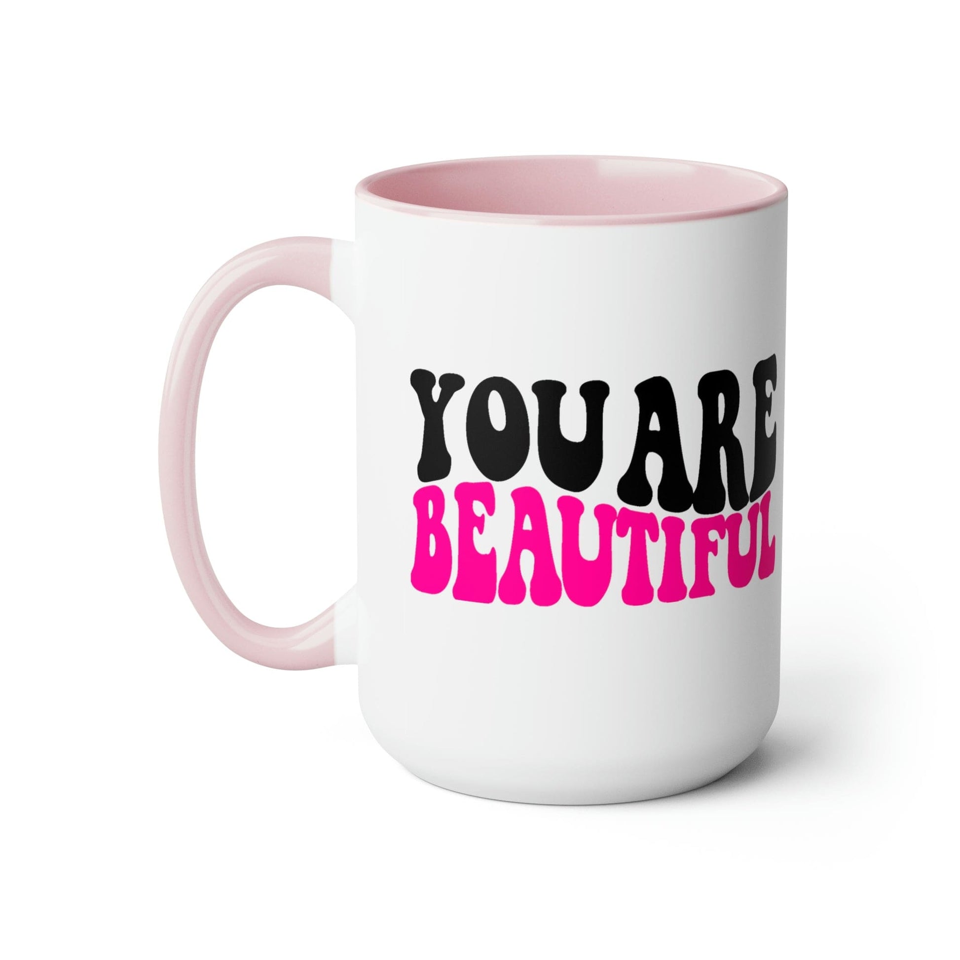 Two-tone Accent Ceramic Coffee Mug 15oz - you are Beautiful Retro Wavy Pink Black Inspiration Affirmation-7