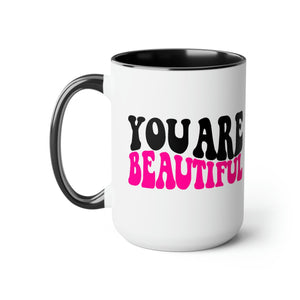 Two-tone Accent Ceramic Coffee Mug 15oz - you are Beautiful Retro Wavy Pink Black Inspiration Affirmation-1