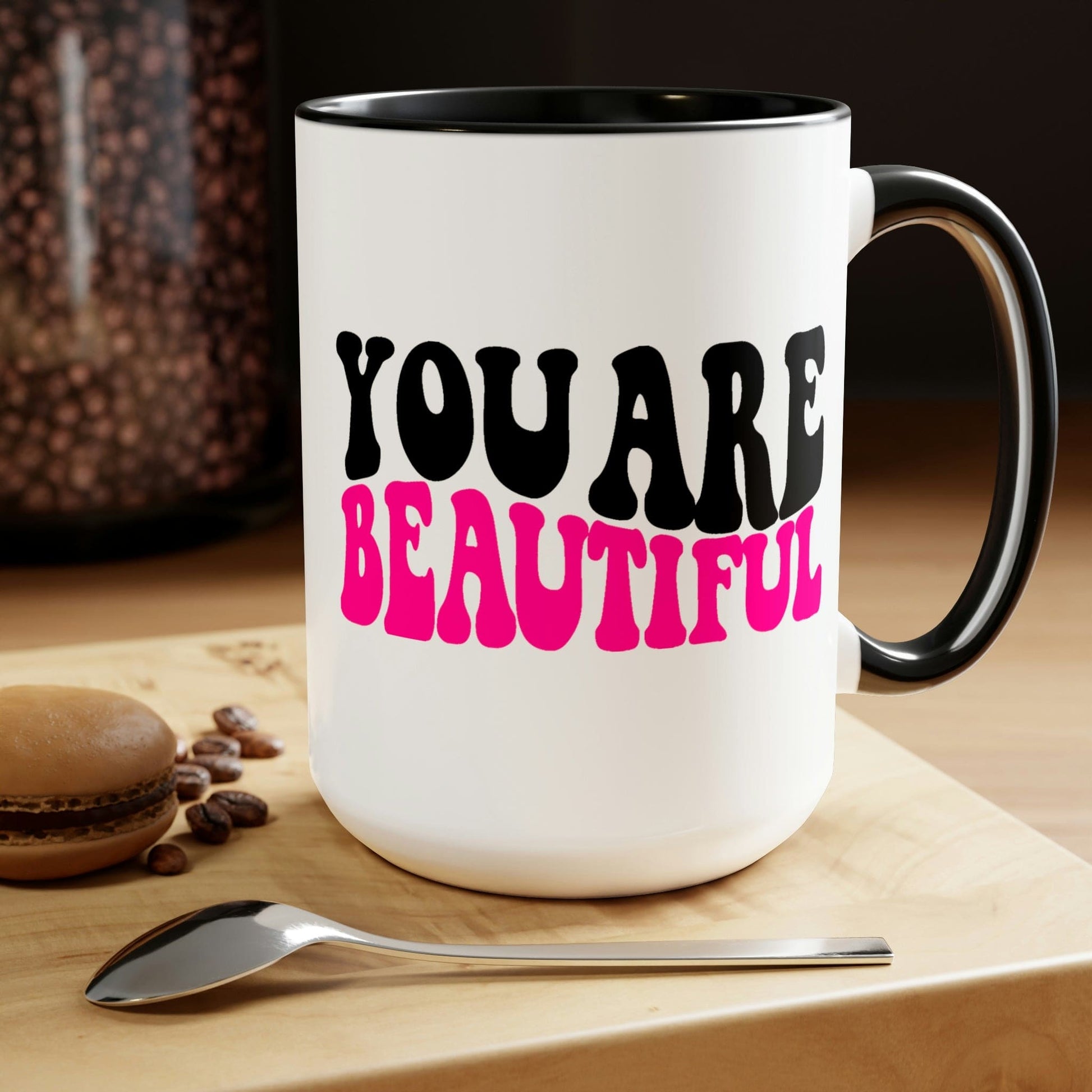 Two-tone Accent Ceramic Coffee Mug 15oz - you are Beautiful Retro Wavy Pink Black Inspiration Affirmation-3