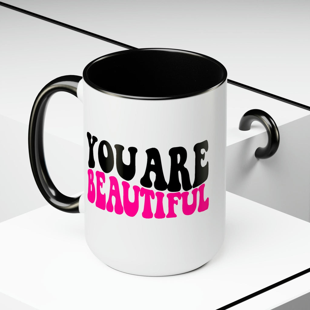Two-tone Accent Ceramic Coffee Mug 15oz - you are Beautiful Retro Wavy Pink Black Inspiration Affirmation-4