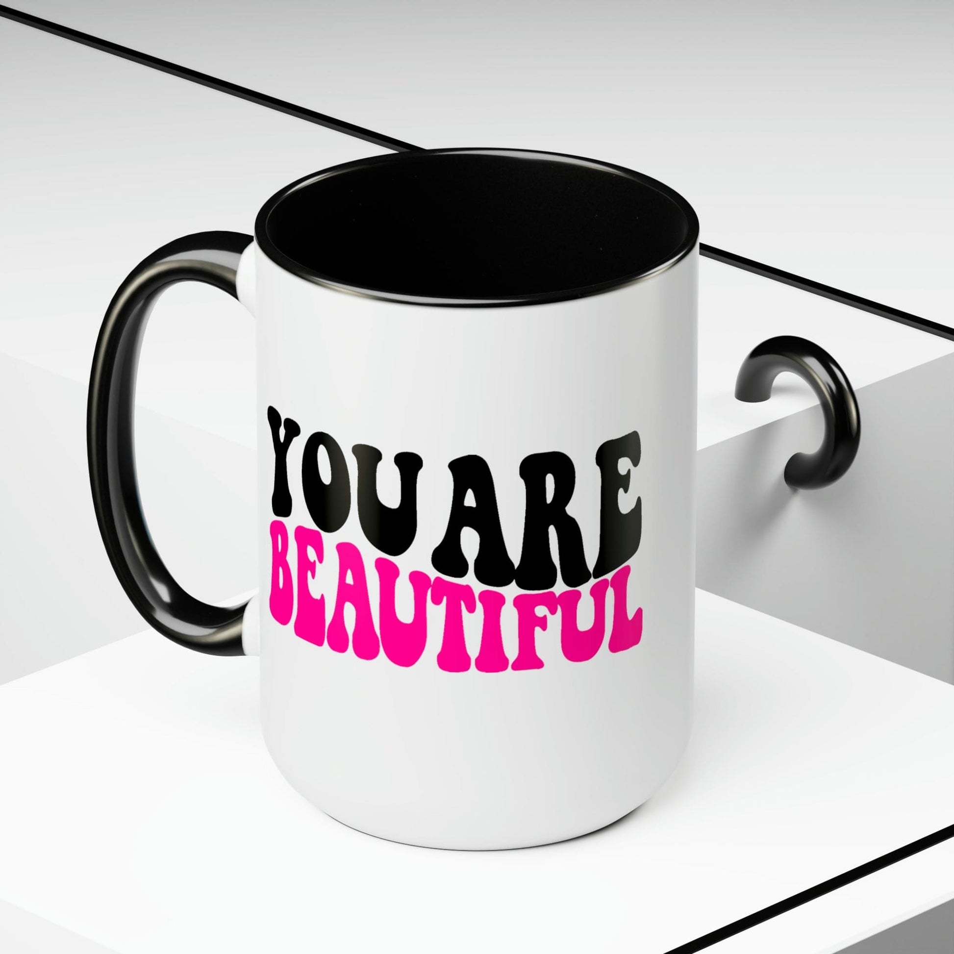 Two-tone Accent Ceramic Coffee Mug 15oz - you are Beautiful Retro Wavy Pink Black Inspiration Affirmation-4