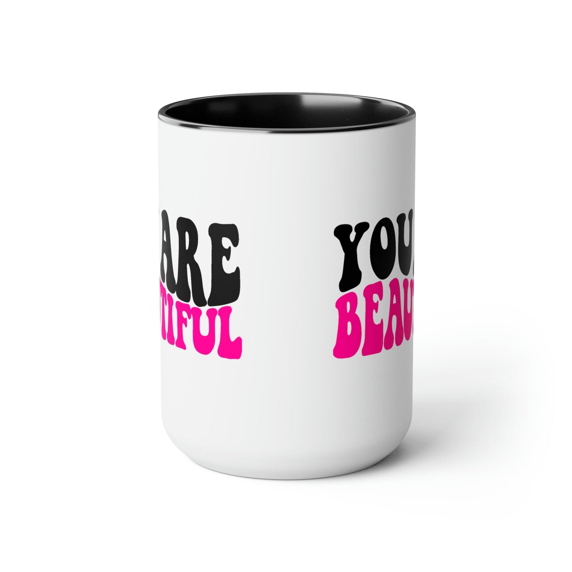 Two-tone Accent Ceramic Coffee Mug 15oz - you are Beautiful Retro Wavy Pink Black Inspiration Affirmation-2