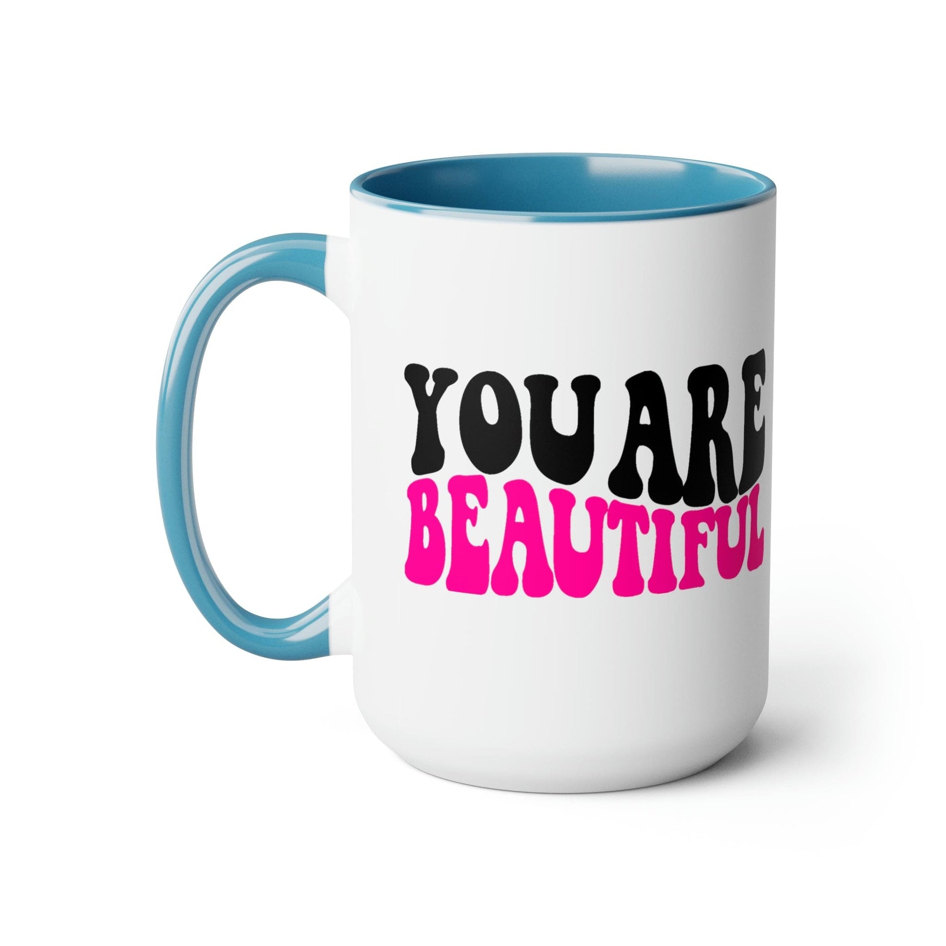 Two-tone Accent Ceramic Coffee Mug 15oz - you are Beautiful Retro Wavy Pink Black Inspiration Affirmation-6