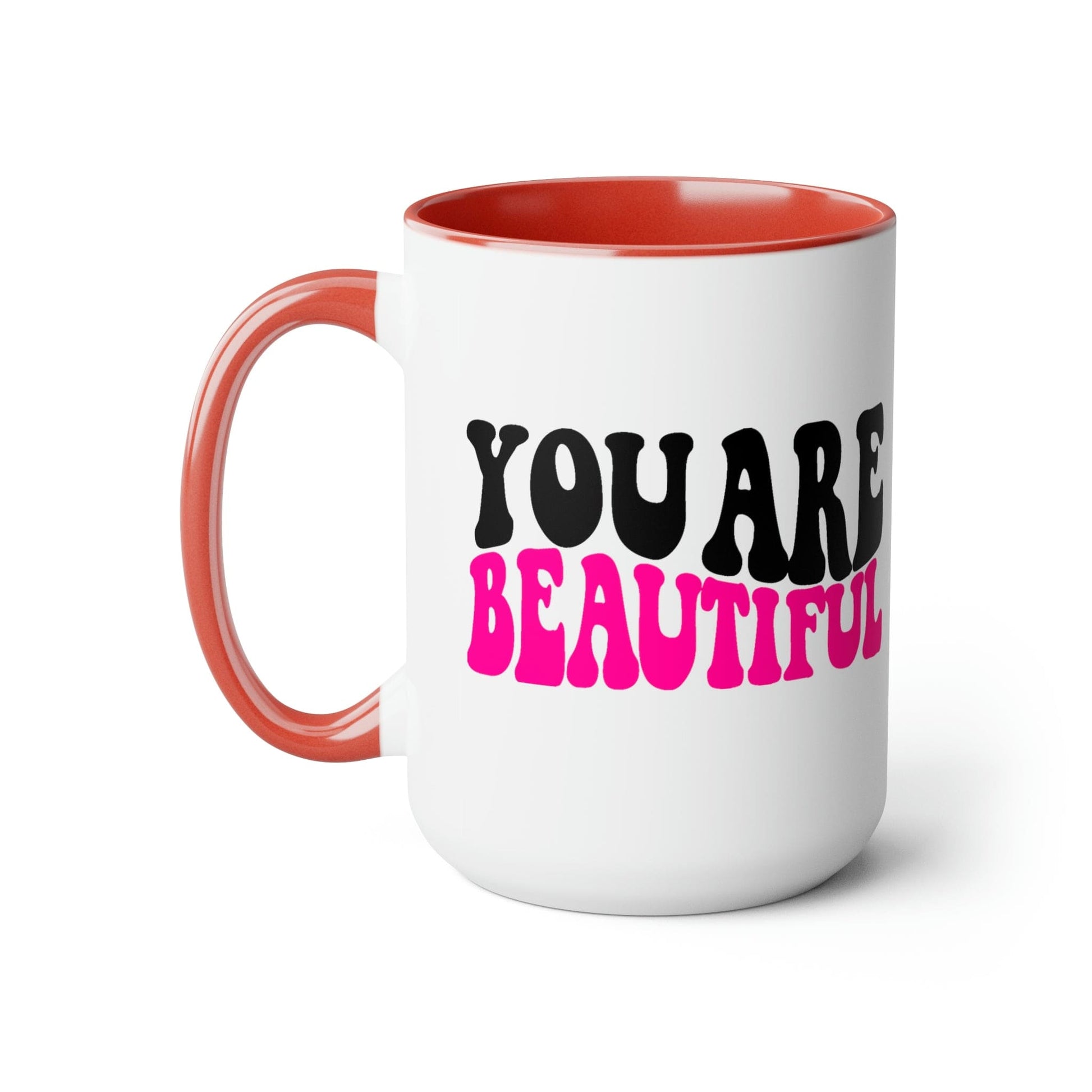 Two-tone Accent Ceramic Coffee Mug 15oz - you are Beautiful Retro Wavy Pink Black Inspiration Affirmation-8