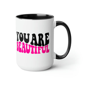 Two-tone Accent Ceramic Coffee Mug 15oz - you are Beautiful Retro Wavy Pink Black Inspiration Affirmation-0