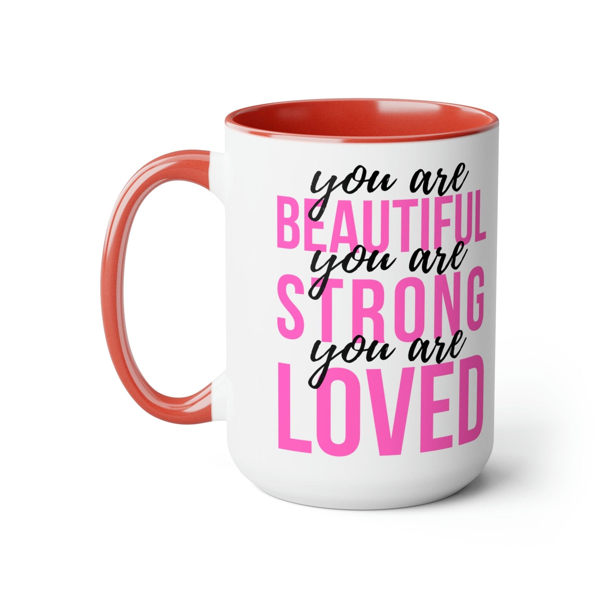 Two-tone Accent Ceramic Coffee Mug 15oz - you are Beautiful Strong Loved Inspiration Affirmation Pink Black-8