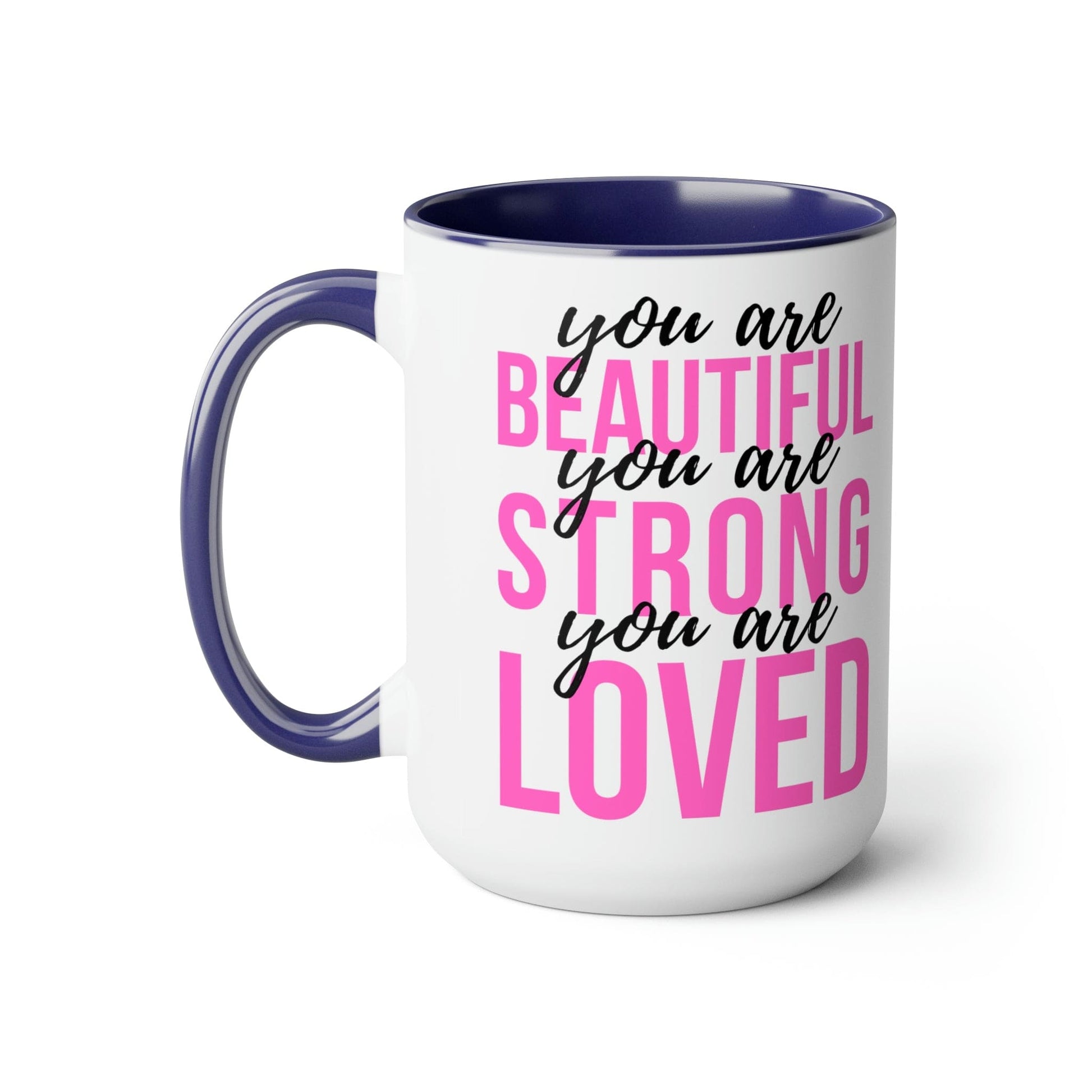 Two-tone Accent Ceramic Coffee Mug 15oz - you are Beautiful Strong Loved Inspiration Affirmation Pink Black-5