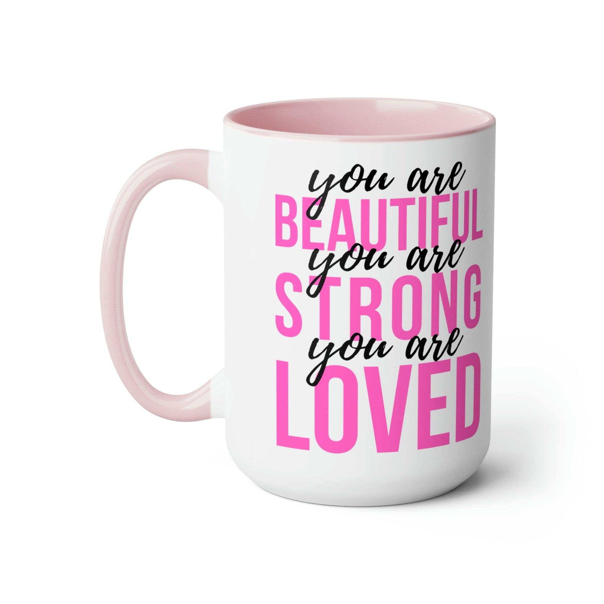 Two-tone Accent Ceramic Coffee Mug 15oz - you are Beautiful Strong Loved Inspiration Affirmation Pink Black-7