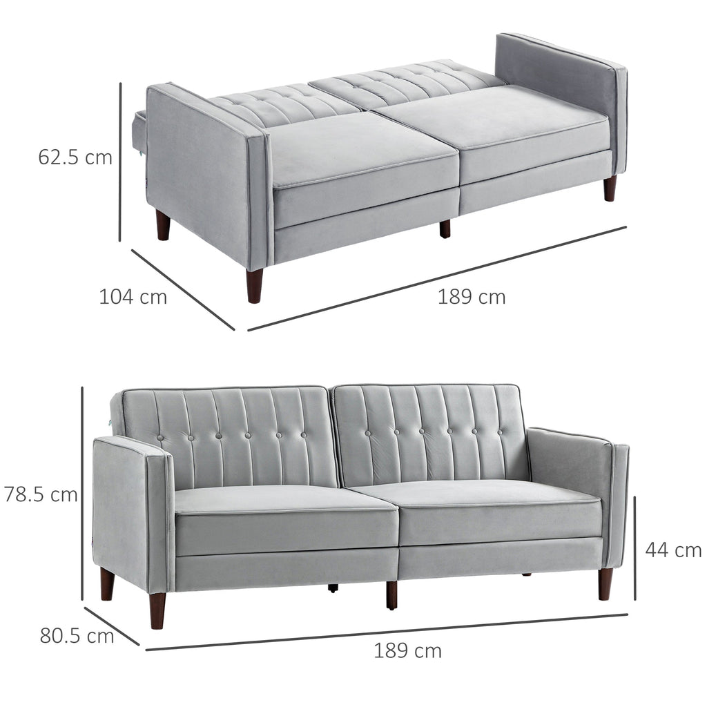 Modern Convertible Sofa Futon Velvet-Touch Tufted Couch Compact Loveseat with Adjustable Split Back, Light Grey-2
