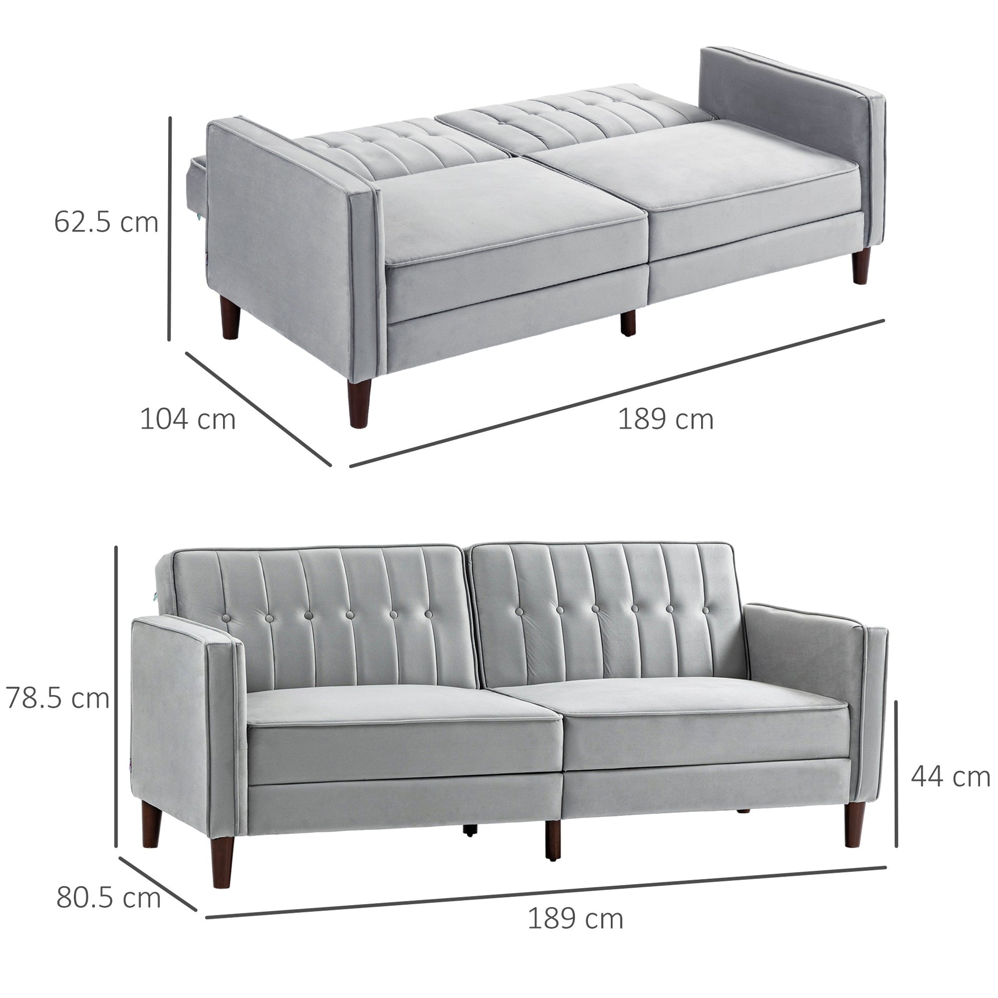 Modern Convertible Sofa Futon Velvet-Touch Tufted Couch Compact Loveseat with Adjustable Split Back, Light Grey-2